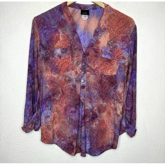 Y2K Embroidered Tie Dye Top Henley Womens Medium Petite Purple Pink Artsy Blouse - Picture 1 of 11